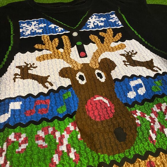 2000s Y2K Rudolph Reindeer Ugly Christmas T-Shirt Black XL M&O Cotton Funny Holi - Picture 2 of 4